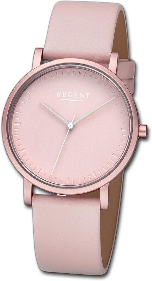 Regent Quarzuhr Regent Damen Armbanduhr Analog, Damenuhr Lederarmband rosa, rundes Gehäuse, extra groß (ca. 36mm) von Regent