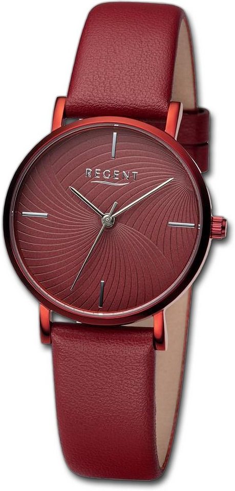 Regent Quarzuhr Regent Damen Armbanduhr Analog, Damenuhr Lederarmband rot, rundes Gehäuse, extra groß (ca. 32mm) von Regent