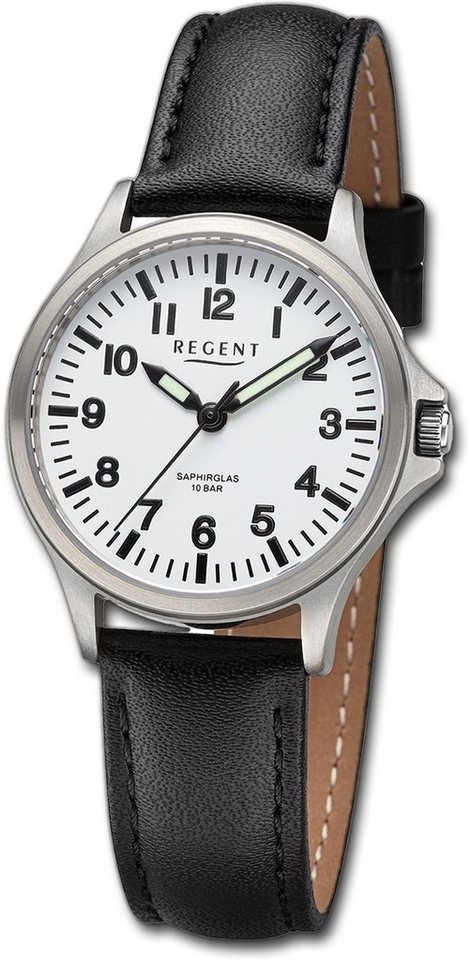 Regent Quarzuhr Regent Damen Armbanduhr Analog, Damenuhr Lederarmband schwarz, rundes Gehäuse, extra groß (ca. 32mm) von Regent