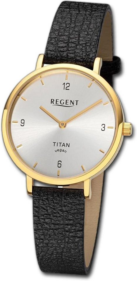Regent Quarzuhr Regent Damen Armbanduhr Analog, Damenuhr Lederarmband schwarz, rundes Gehäuse, extra groß (ca. 33mm) von Regent