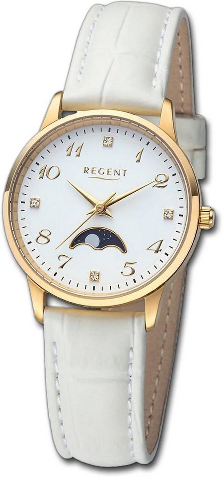 Regent Quarzuhr Regent Damen Armbanduhr Analog, Damenuhr Lederarmband weiß, rundes Gehäuse, extra groß (ca. 31,5mm) von Regent