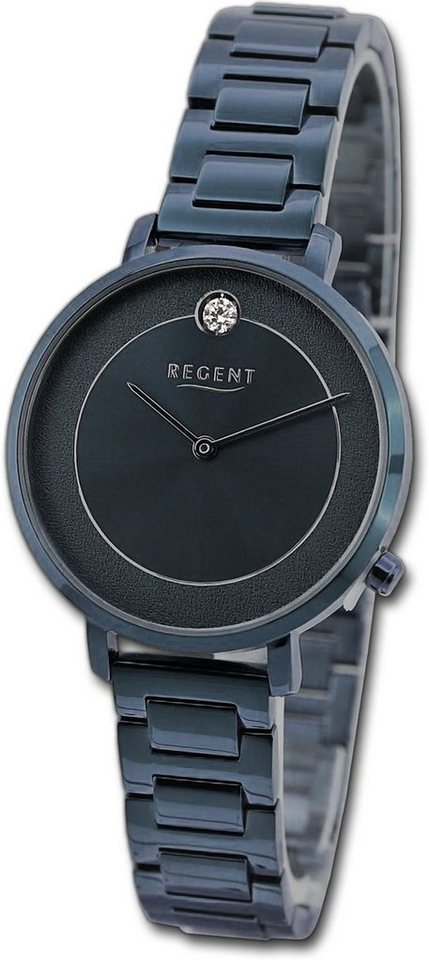 Regent Quarzuhr Regent Damen Armbanduhr Analog, Damenuhr Metallarmband blau, rundes Gehäuse, extra groß (ca. 35mm) von Regent