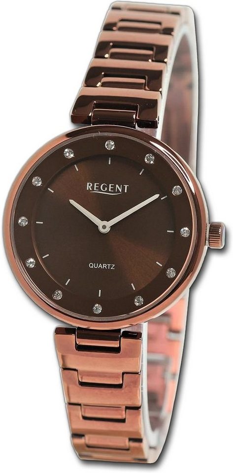 Regent Quarzuhr Regent Damen Armbanduhr Analog, Damenuhr Metallarmband bronze, rundes Gehäuse, extra groß (ca. 34mm) von Regent