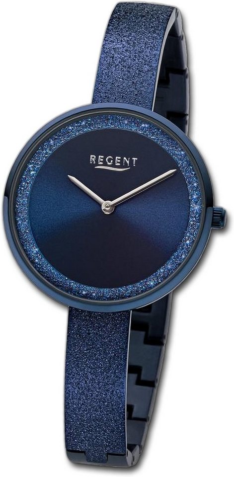 Regent Quarzuhr Regent Damen Armbanduhr Analog, Damenuhr Metallarmband dunkelblau, rundes Gehäuse, groß (ca. 34mm) von Regent