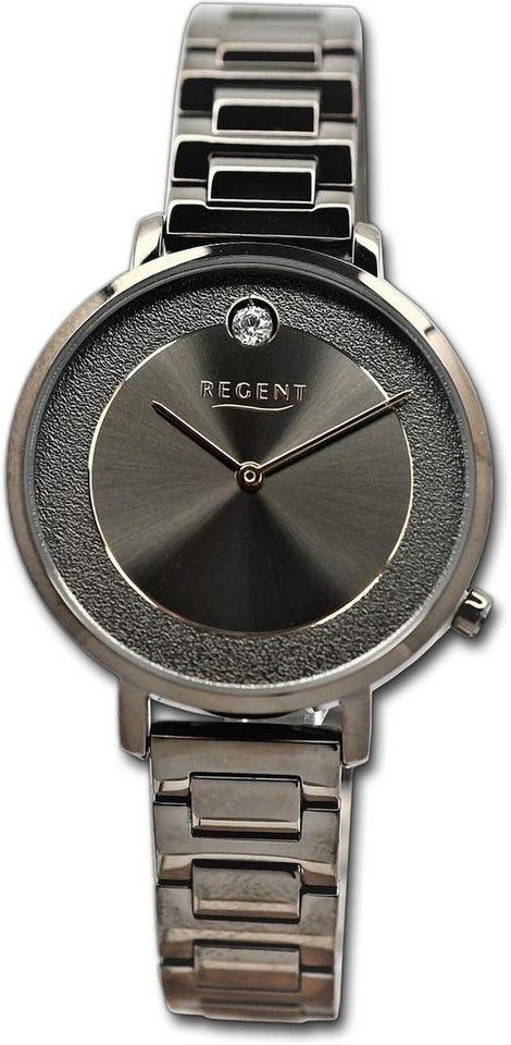 Regent Quarzuhr Regent Damen Armbanduhr Analog, Damenuhr Metallarmband dunkelgrau, rundes Gehäuse, groß (ca. 35mm) von Regent