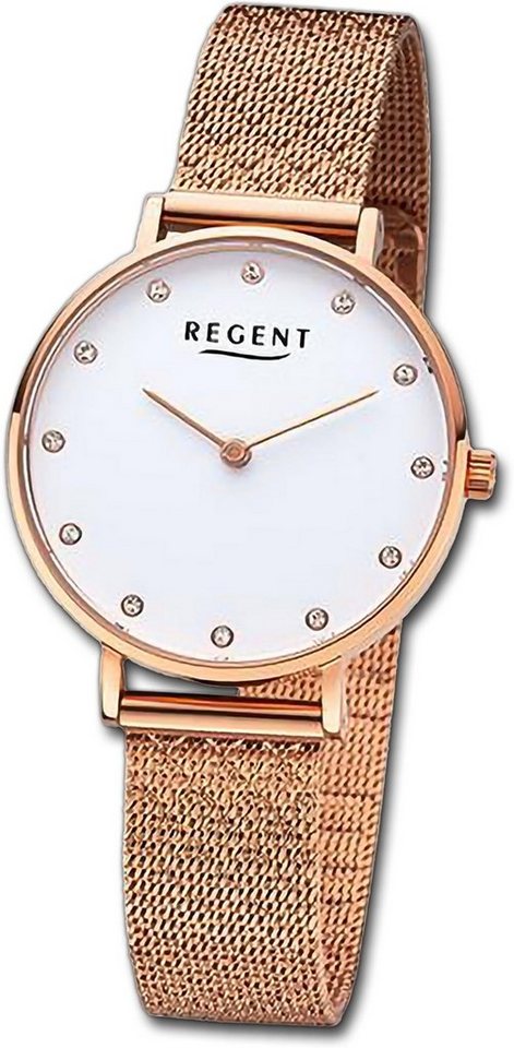 Regent Quarzuhr Regent Damen Armbanduhr Analog, Damenuhr Metallarmband rosegold, rundes Gehäuse, extra groß (ca. 32mm) von Regent