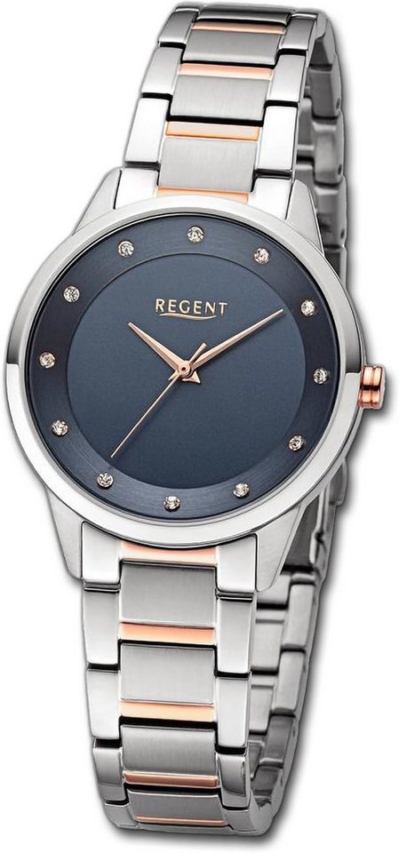 Regent Quarzuhr Regent Damen Armbanduhr Analog, Damenuhr Metallarmband silber, rosegold, rundes Gehäuse, groß (33mm) von Regent