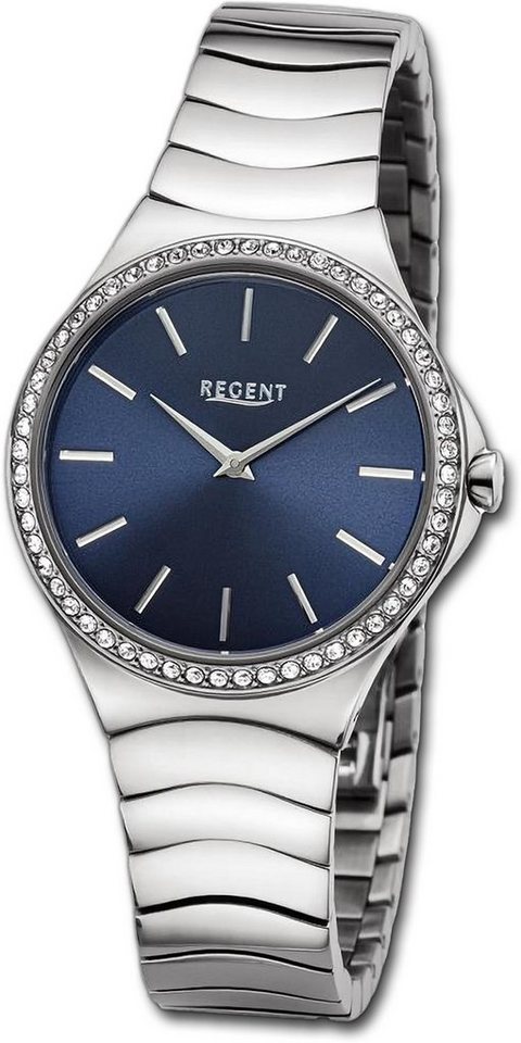 Regent Quarzuhr Regent Damen Armbanduhr Analog, Damenuhr Metallarmband silber, rundes Gehäuse, extra groß (ca. 33mm) von Regent