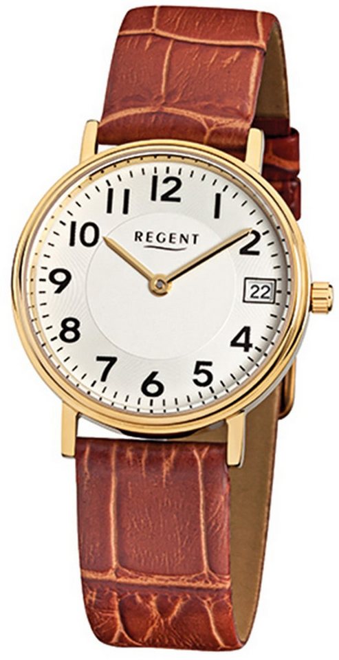 Regent Quarzuhr Regent Damen-Armbanduhr braun Analog F-328, (Analoguhr), Damen Armbanduhr rund, klein (ca. 28mm), Lederarmband von Regent