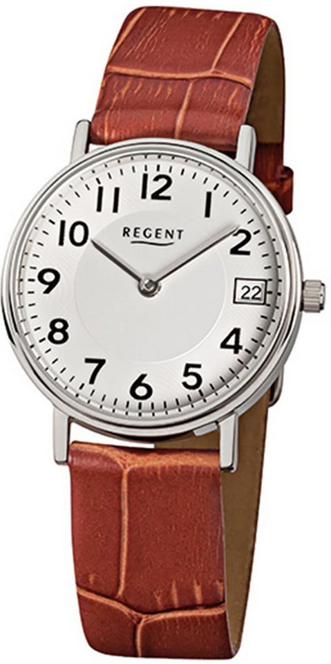 Regent Quarzuhr Regent Damen-Armbanduhr braun Analog F-329, (Analoguhr), Damen Armbanduhr rund, klein (ca. 28mm), Lederarmband von Regent