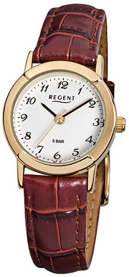 Regent Quarzuhr Regent Damen-Armbanduhr braun Analog F-575, (Analoguhr), Damen Armbanduhr rund, klein (ca. 25mm), Lederarmband von Regent