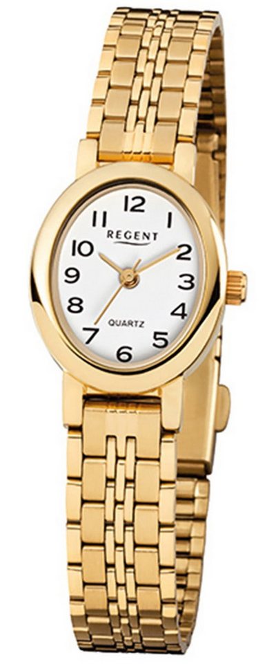 Regent Quarzuhr Regent Damen-Armbanduhr gold Analog F-394, (Analoguhr), Damen Armbanduhr oval, klein (ca. 20x24mm), Edelstahl, ionenplattiert von Regent