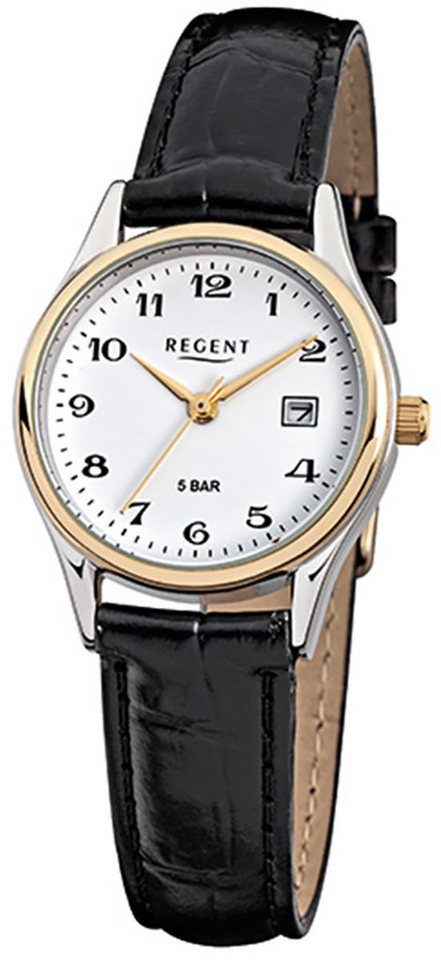 Regent Quarzuhr Regent Damen-Armbanduhr schwarz Analog, (Analoguhr), Damen Armbanduhr rund, klein (ca. 28mm), Lederarmband von Regent