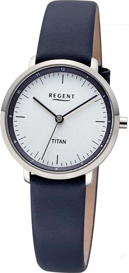 Regent Quarzuhr Regent Damen Titan-Armbanduhr Analog, Damen Armbanduhr rund, klein (ca 30mm) Lederband dunkelblau, Elegant von Regent