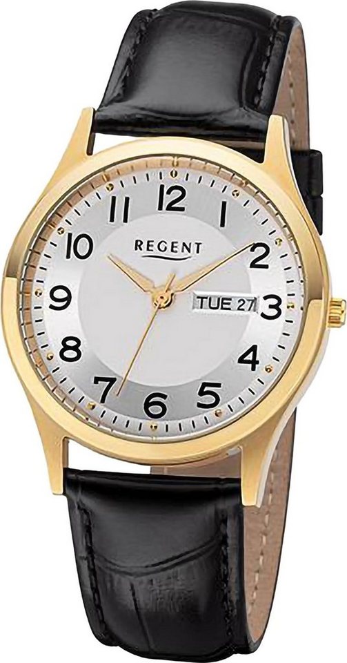Regent Quarzuhr Regent Herren Armbanduhr Analog, (Analoguhr), Herren Armbanduhr rund, extra groß (ca. 37mm), Lederarmband von Regent