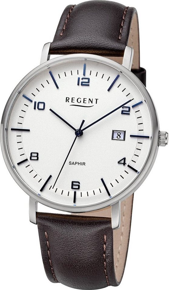 Regent Quarzuhr Regent Herren Armbanduhr Analog, Herren Armbanduhr rund, extra groß (ca. 42mm), Lederarmband von Regent