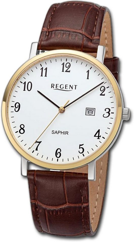 Regent Quarzuhr Regent Herren Armbanduhr Analog, Herrenuhr Lederarmband braun, rundes Gehäuse, extra groß (ca. 40mm) von Regent