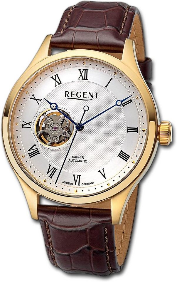 Regent Quarzuhr Regent Herren Armbanduhr Analog, Herrenuhr Lederarmband braun, rundes Gehäuse, extra groß (ca. 42mm) von Regent