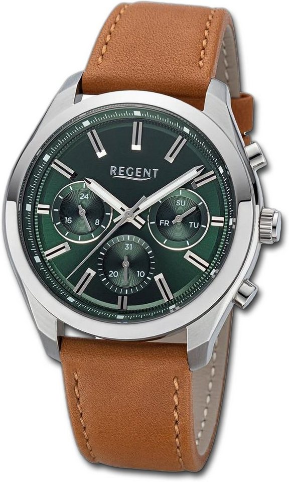 Regent Quarzuhr Regent Herren Armbanduhr Analog, Herrenuhr Lederarmband hellbraun, rundes Gehäuse, extra groß (ca 44mm) von Regent