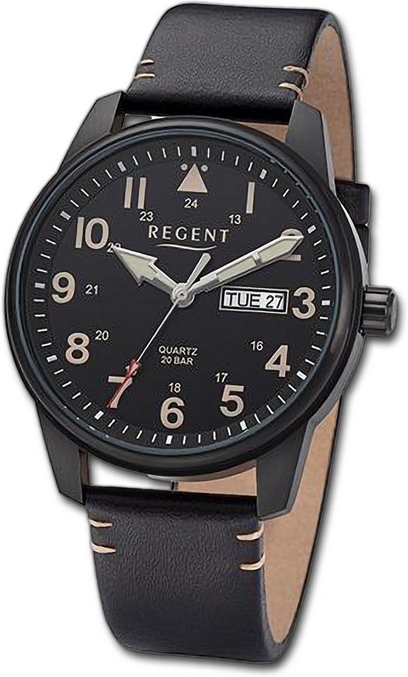 Regent Quarzuhr Regent Herren Armbanduhr Analog, Herrenuhr Lederarmband schwarz, braun, rundes Gehäuse, groß (40,5mm) von Regent
