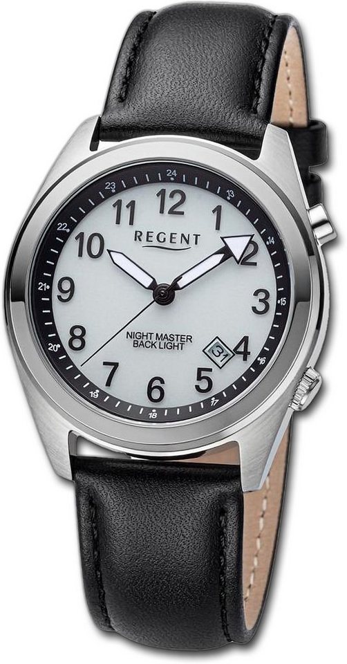 Regent Quarzuhr Regent Herren Armbanduhr Analog, Herrenuhr Lederarmband schwarz, rundes Gehäuse, extra groß (ca 37,6mm) von Regent