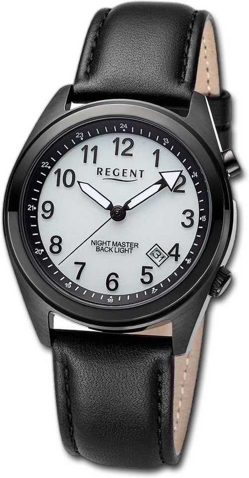 Regent Quarzuhr Regent Herren Armbanduhr Analog, Herrenuhr Lederarmband schwarz, rundes Gehäuse, extra groß (ca 37,6mm) von Regent