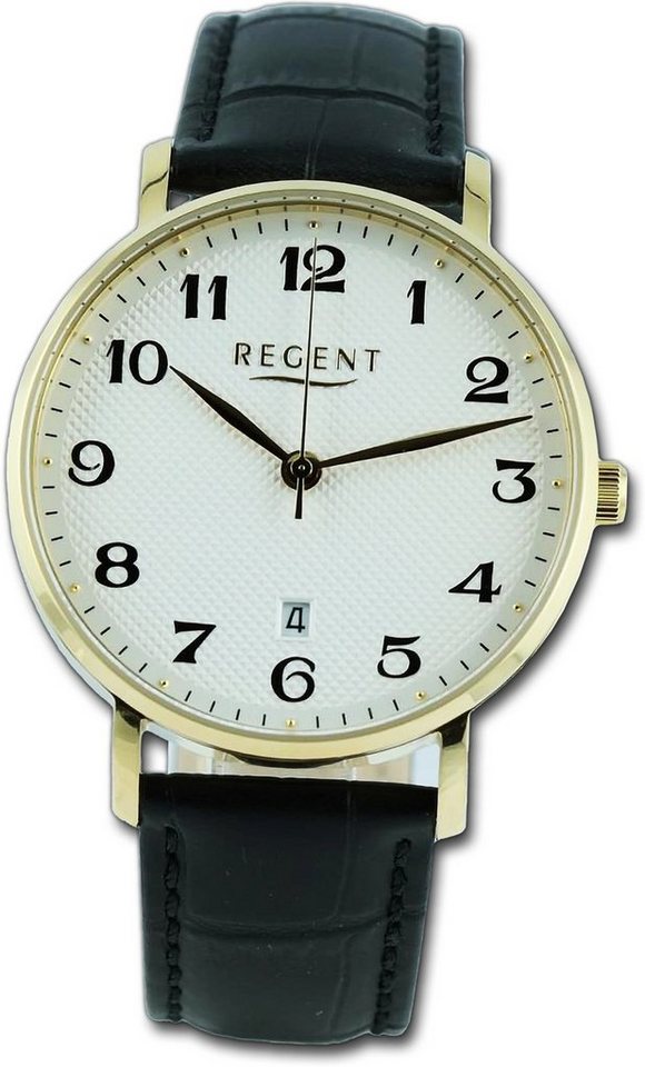 Regent Quarzuhr Regent Herren Armbanduhr Analog, Herrenuhr Lederarmband schwarz, rundes Gehäuse, extra groß (ca. 39mm) von Regent