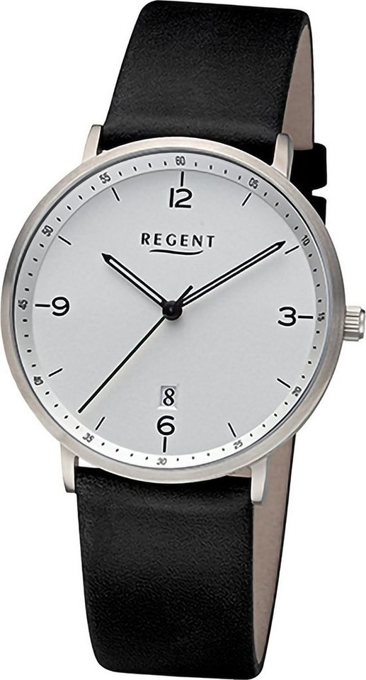 Regent Quarzuhr Regent Herren Armbanduhr Analog, Herrenuhr Lederarmband schwarz, rundes Gehäuse, extra groß (ca. 39mm) von Regent