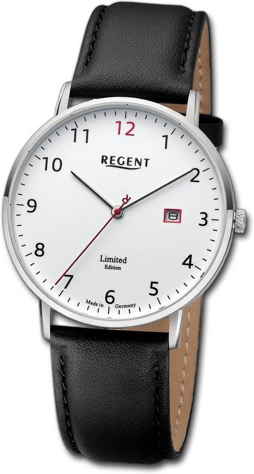 Regent Quarzuhr Regent Herren Armbanduhr Analog, Herrenuhr Lederarmband schwarz, rundes Gehäuse, extra groß (ca. 39mm) von Regent