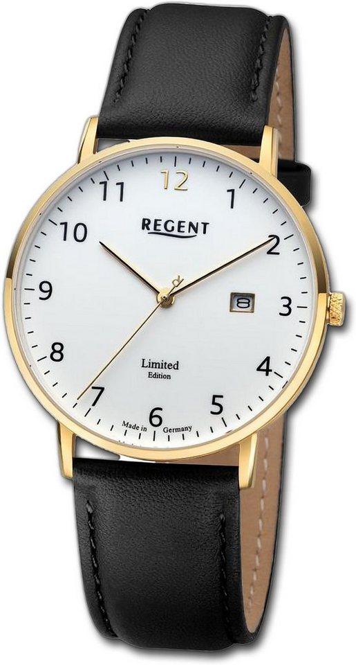 Regent Quarzuhr Regent Herren Armbanduhr Analog, Herrenuhr Lederarmband schwarz, rundes Gehäuse, extra groß (ca. 39mm) von Regent