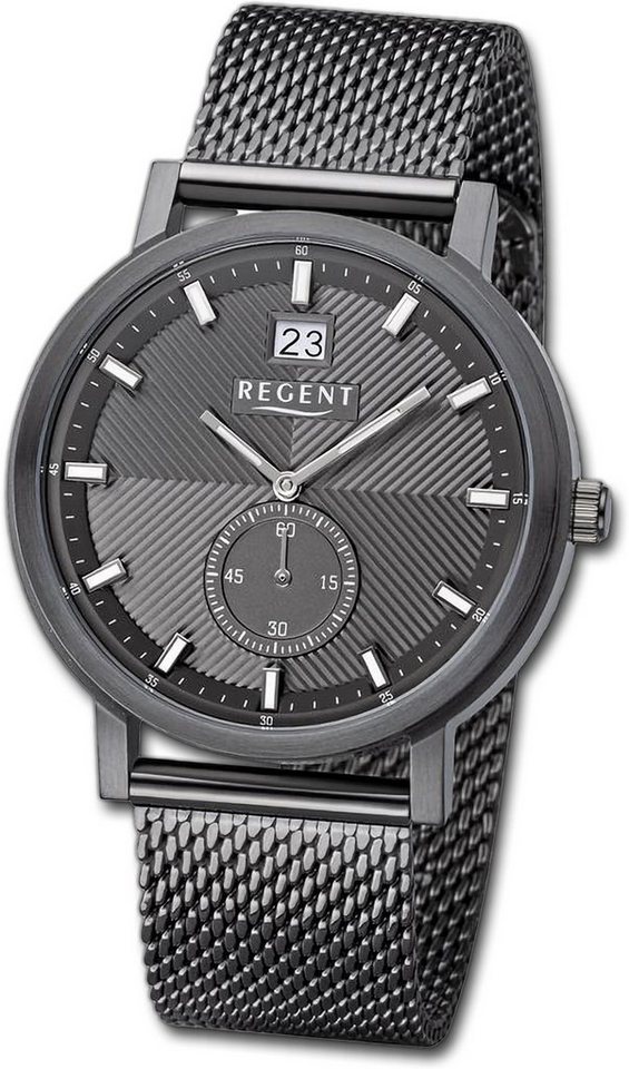 Regent Quarzuhr Regent Herren Armbanduhr Analog, (Analoguhr), Herrenuhr Metallarmband dunkelgrau, rundes Gehäuse, groß (ca. 39mm) von Regent