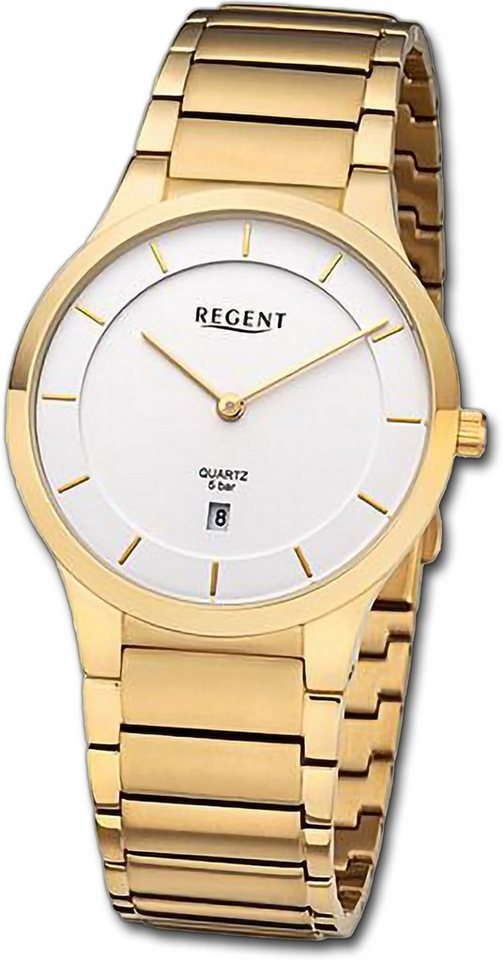 Regent Quarzuhr Regent Herren Armbanduhr Analog, Herrenuhr Metallarmband gold, rundes Gehäuse, extra groß (ca. 38,5mm) von Regent