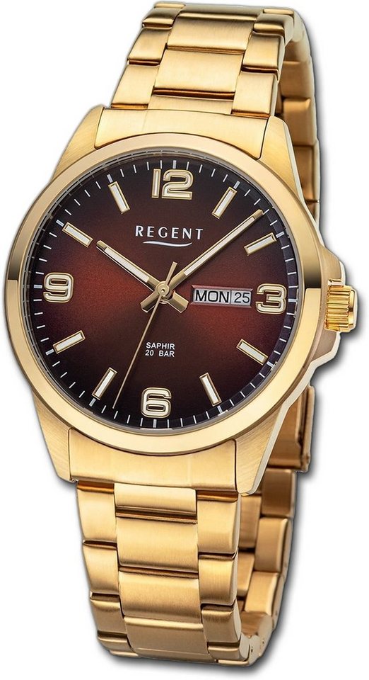 Regent Quarzuhr Regent Herren Armbanduhr Analog, Herrenuhr Metallarmband gold, rundes Gehäuse, extra groß (ca. 39mm) von Regent