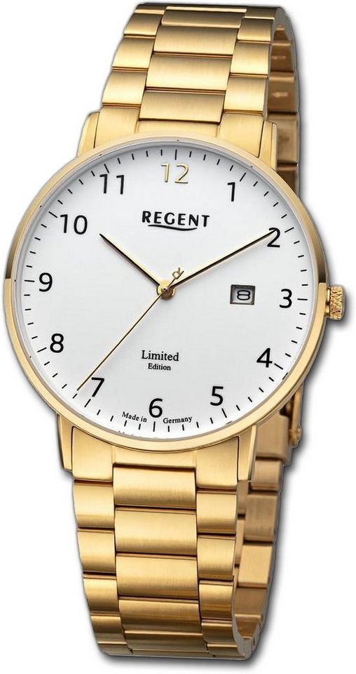 Regent Quarzuhr Regent Herren Armbanduhr Analog, Herrenuhr Metallarmband gold, rundes Gehäuse, extra groß (ca. 39mm) von Regent