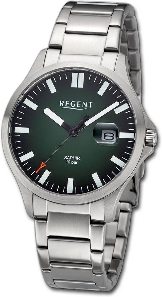 Regent Quarzuhr Regent Herren Armbanduhr Analog, Herrenuhr Metallarmband silber, rundes Gehäuse, extra groß (ca. 40mm) von Regent