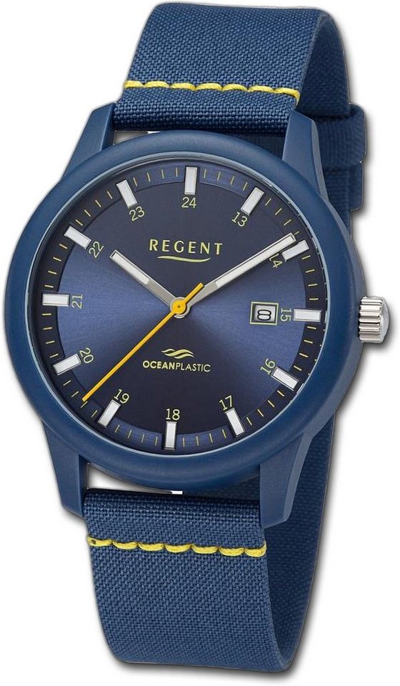 Regent Quarzuhr Regent Herren Armbanduhr Analog, Herrenuhr Nylonarmband dunkelblau, gelb, rundes Gehäuse, groß (40mm) von Regent