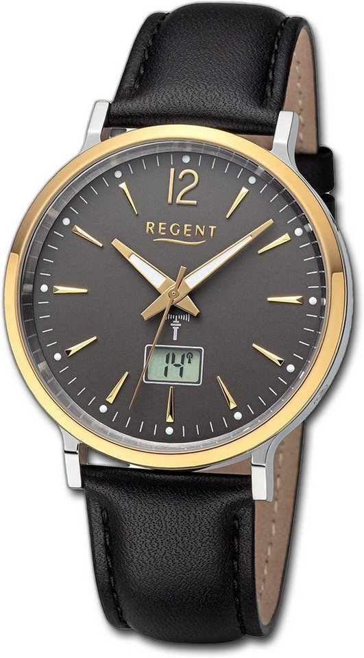 Regent Quarzuhr Regent Herren Armbanduhr Analog-Digital, Herrenuhr Lederarmband schwarz, rundes Gehäuse, extra groß (ca. 40mm) von Regent