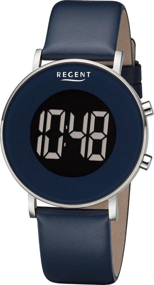 Regent Quarzuhr Regent Herren Armbanduhr Digital, (Digitaluhr), Herren Armbanduhr rund, extra groß (ca. 40mm), Lederarmband von Regent