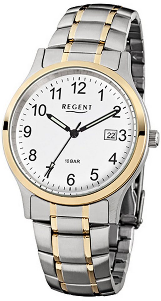 Regent Quarzuhr Regent Herren-Armbanduhr gold silber Analog, (Analoguhr), Herren Armbanduhr rund, mittel (ca. 38mm), Edelstahlarmband von Regent