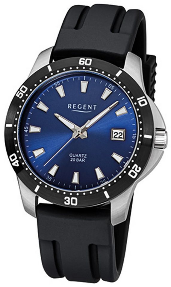 Regent Quarzuhr Regent Herren-Armbanduhr schwarz Analog, (Analoguhr), Herren Armbanduhr rund, groß (ca. 41mm), Kautschukarmband von Regent