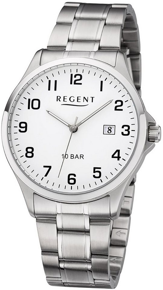 Regent Quarzuhr Regent Herren Uhr F-1190 Metall Quarz, (Analoguhr), Herren Armbanduhr rund, mittel (ca. 39mm), Metallarmband von Regent