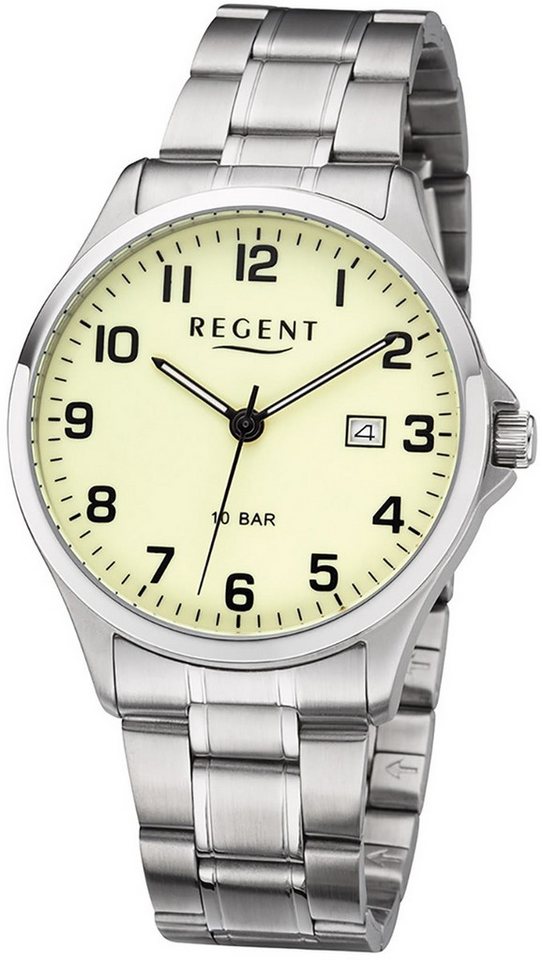 Regent Quarzuhr Regent Herren Uhr F-1192 Metall Quarz, (Analoguhr), Herren Armbanduhr rund, mittel (ca. 39mm), Metallarmband von Regent
