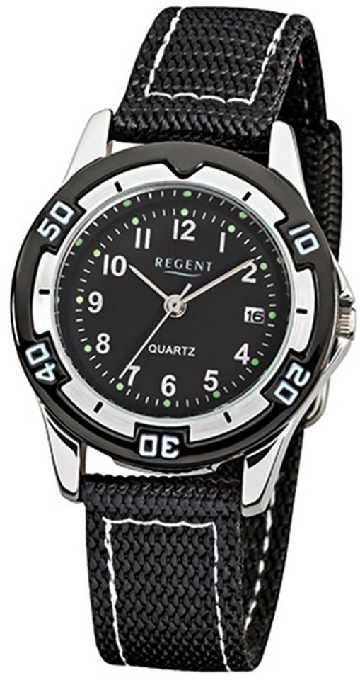 Regent Quarzuhr Regent Kinder-Armbanduhr schwarz Analog, (Analoguhr), Kinder Armbanduhr rund, klein (ca. 29mm), Textil, Stoffarmband von Regent