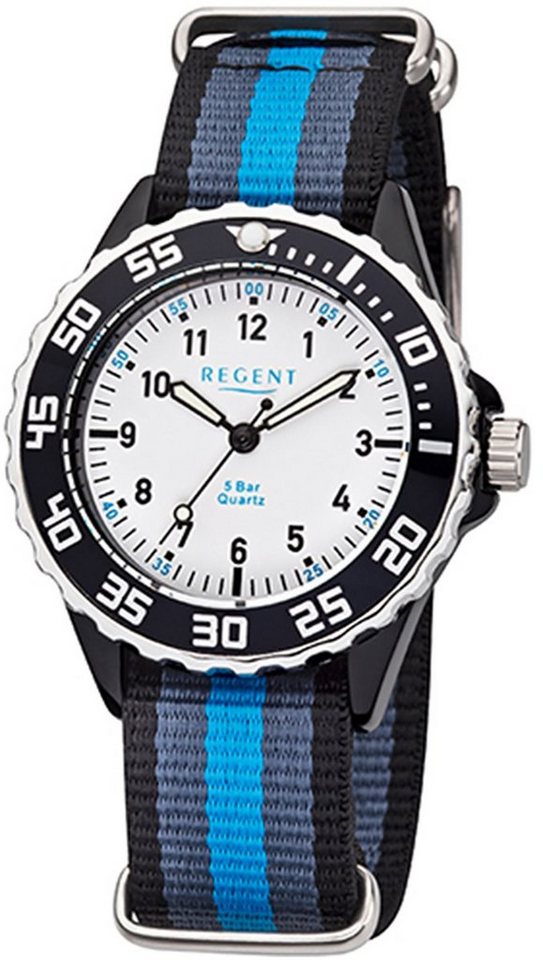 Regent Quarzuhr Regent Kinder Jugend-Armbanduhr blau grau, Kinder Armbanduhr rund, mittel (ca. 35mm), Textilarmband von Regent