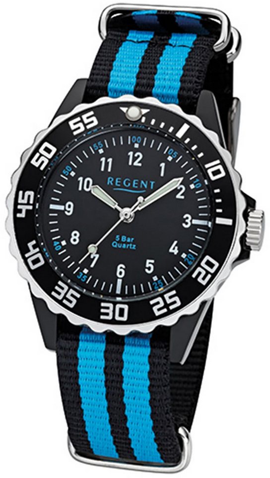 Regent Quarzuhr Regent Kinder Jugend-Armbanduhr schwarz, (Analoguhr), Kinder, Jugend Armbanduhr rund, mittel (ca. 33mm) Textil, Stoffarmband von Regent