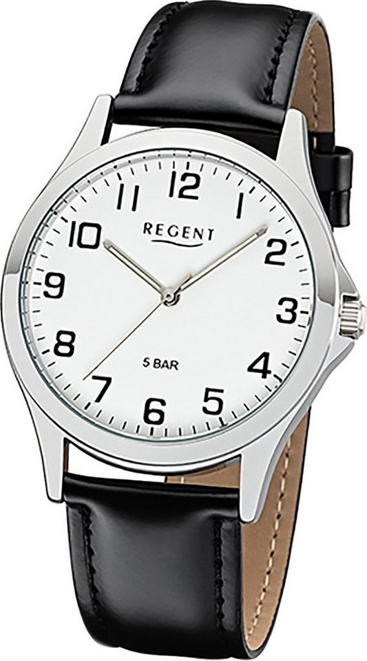 Regent Quarzuhr Regent Leder Herren Uhr 1112422 Analog, Herrenuhr Lederarmband schwarz, rundes Gehäuse, mittel (ca. 39mm) von Regent