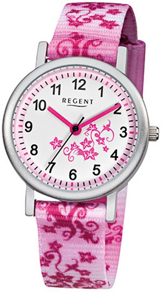 Regent Quarzuhr Regent Kinder-Armbanduhr rosa pink weiß, (Analoguhr), Kinder Armbanduhr rund, klein (ca. 29mm), Textilarmband von Regent