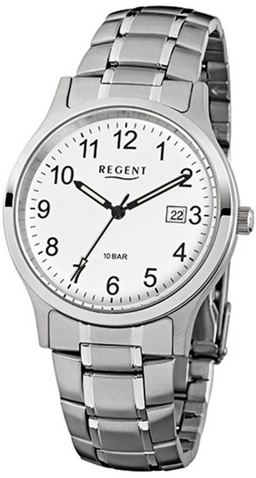 Regent Quarzuhr Regent Herren-Armbanduhr silber grau Analog, (Analoguhr), Herren Armbanduhr rund, mittel (ca. 38mm), Edelstahlarmband von Regent