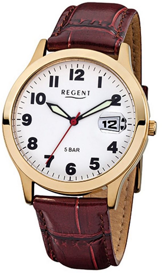 Regent Quarzuhr Regent Herren-Armbanduhr braun Analog F-789, Herren Armbanduhr rund, mittel (ca. 39mm), Lederarmband von Regent