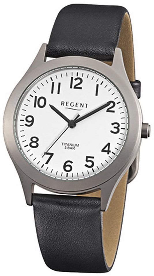 Regent Quarzuhr Regent Herren-Armbanduhr schwarz Analog, (Analoguhr), Herren Armbanduhr rund, mittel (ca. 37mm), Lederarmband von Regent